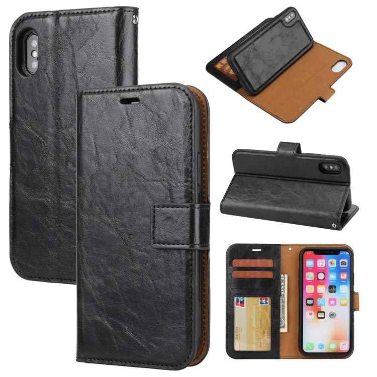 Crazy Horse Leather Cover + Removable TPU Back Case for iPhone X (Ten) - Black
