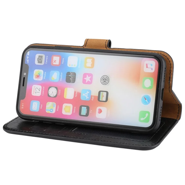 Crazy Horse Leather Cover + Removable TPU Back Case for iPhone X (Ten) - Black