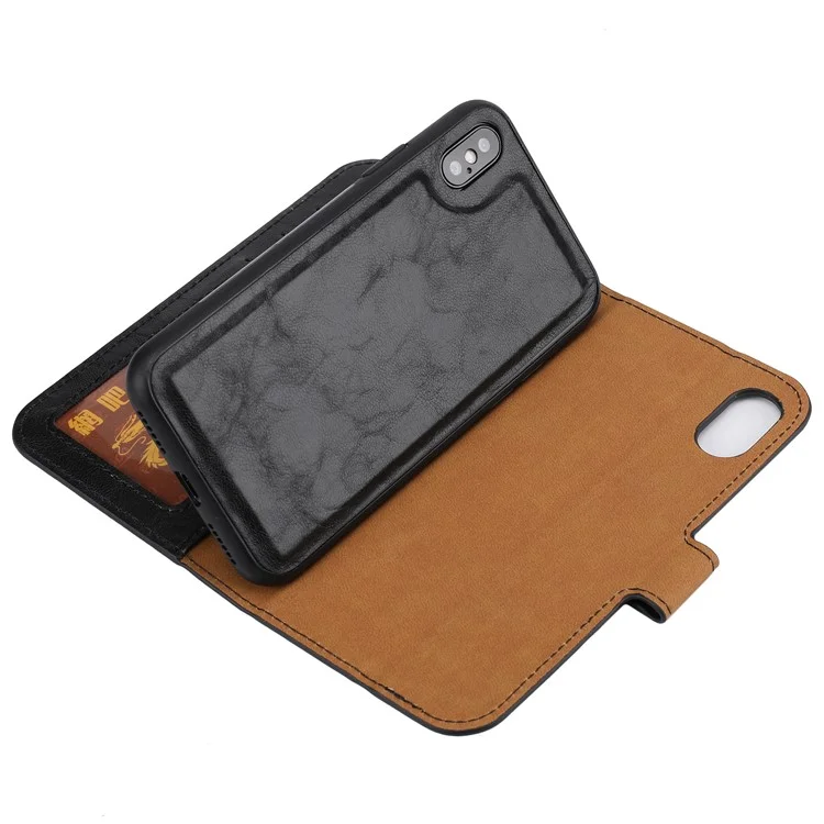 Crazy Horse Leather Cover + Removable TPU Back Case for iPhone X (Ten) - Black