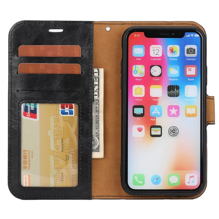 Crazy Horse Leather Cover + Removable TPU Back Case for iPhone X (Ten) - Black