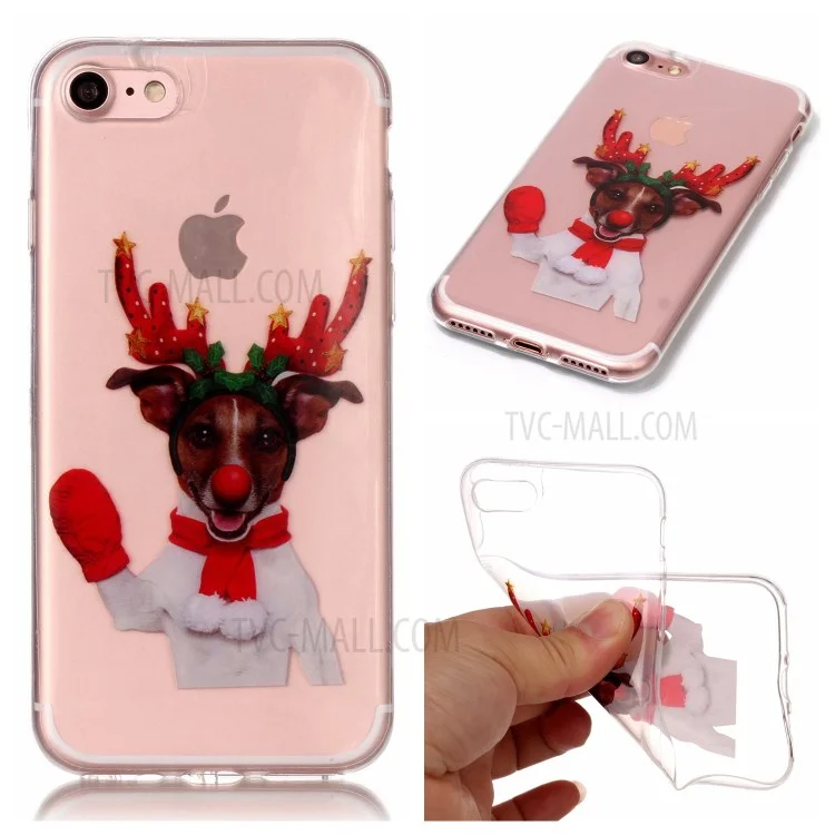 Christmas Series IML Soft TPU Back Phone Case for iPhone 8 / 7 4.7 inch - Dog Wearing Elk Horn Headwear