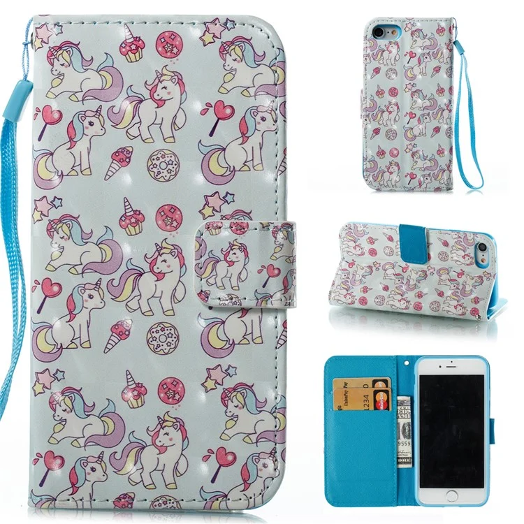 Pattern Printing Light Spot Decor Leather Wallet Stand Phone Case with Strap for iPhone 8/7 4.7 inch - Unicorn Pattern