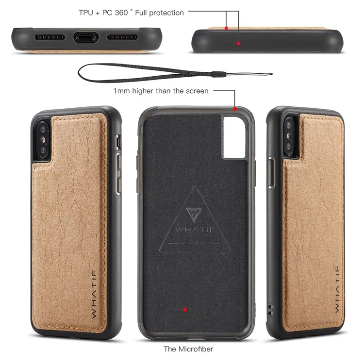 WHATIF DIY Brown Paper PU Leather Wallet Cover + Detachable PC + TPU Hybrid Back Cover for iPhone X/10 5.8 inch - Gold