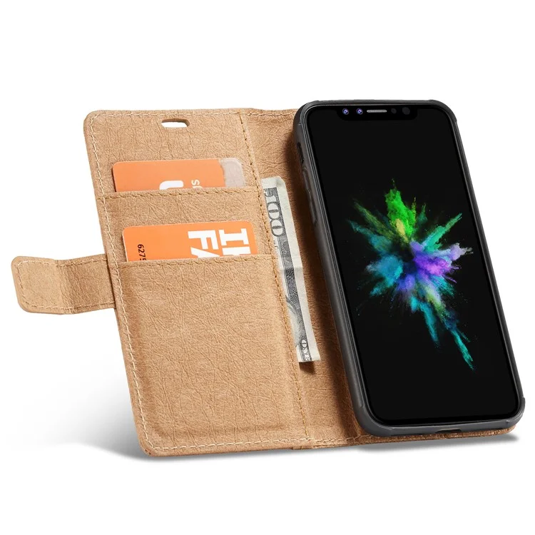 WHATIF DIY Brown Paper PU Leather Wallet Cover + Detachable PC + TPU Hybrid Back Cover for iPhone X/10 5.8 inch - Gold