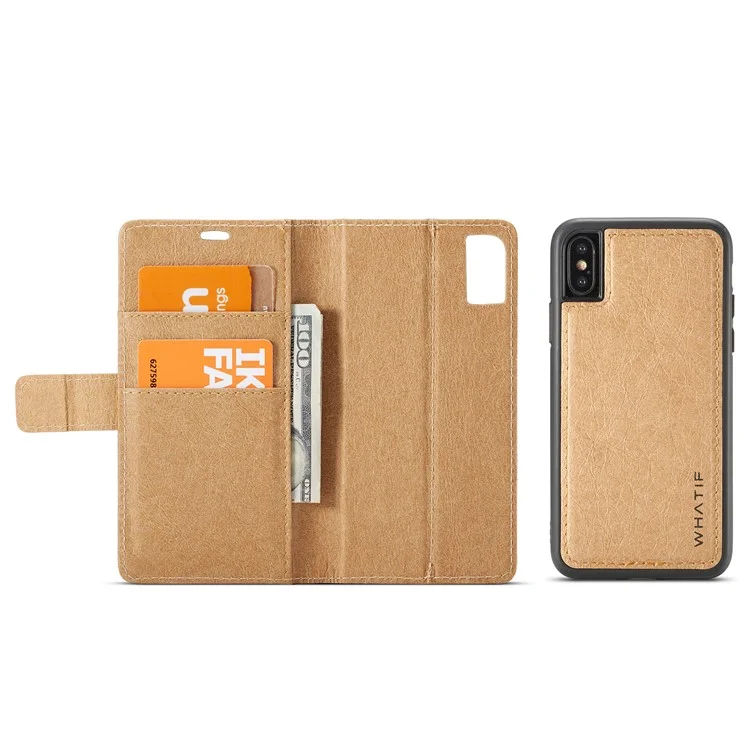 WHATIF DIY Brown Paper PU Leather Wallet Cover + Detachable PC + TPU Hybrid Back Cover for iPhone X/10 5.8 inch - Gold