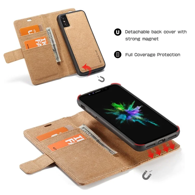 WHATIF DIY Brown Paper PU Leather Wallet Cover + Detachable PC + TPU Hybrid Back Cover for iPhone X/10 5.8 inch - Gold