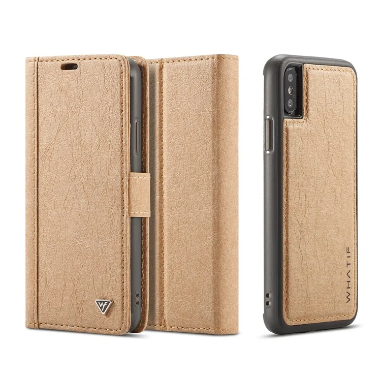 WHATIF DIY Brown Paper PU Leather Wallet Cover + Detachable PC + TPU Hybrid Back Cover for iPhone X/10 5.8 inch - Gold