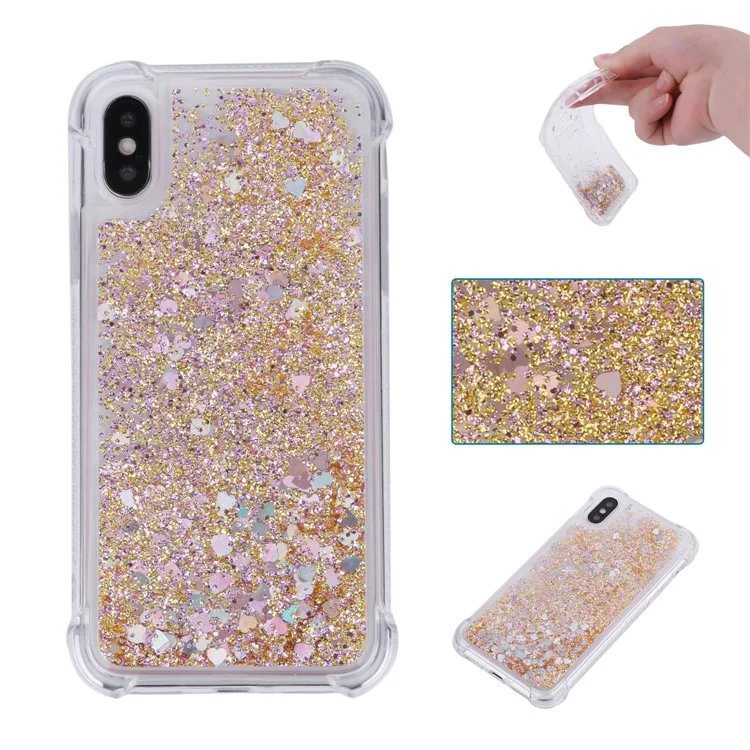 Lantejoulas De Glitter Flutuante QuickSand Liquid Drop-prova TPU Caixa Móvel Para IPhone XS / X 5,8 Polegadas - Ouro