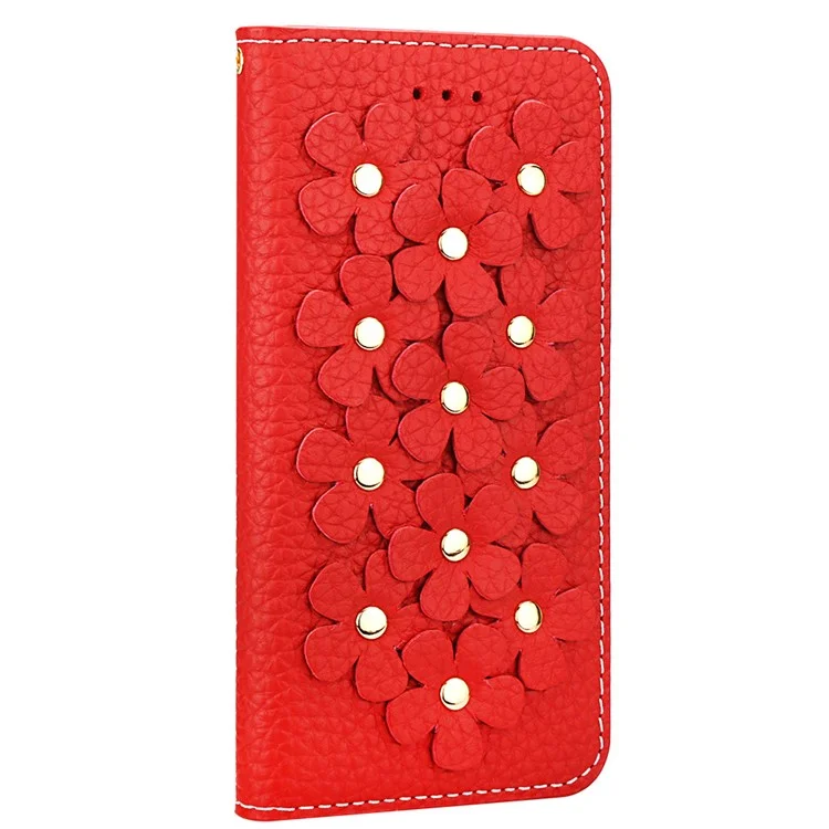 X-FITTED 3D Flowers Leather Wallet Phone Case for iPhone X (Ten) 5.8 inch - Red