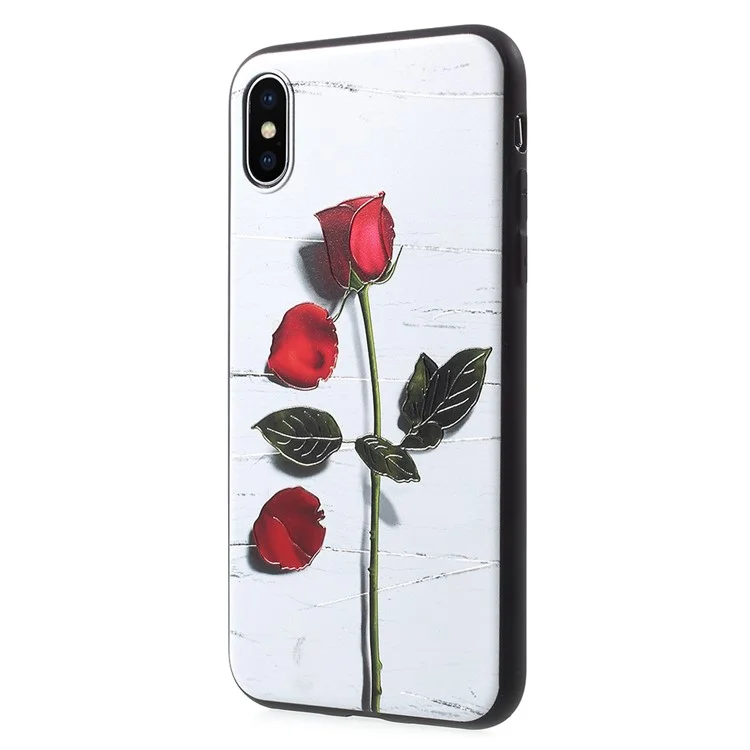 For iPhone X Embossed Pattern Flexible TPU Back Case - White Background and Rose