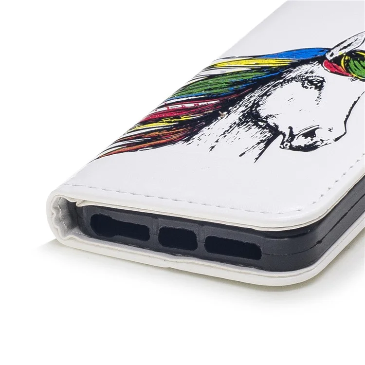 Unicorn Pattern Print Magnetic Leather Wallet Stand Cell Phone Case for 	iPhone SE / 5s / 5 - White
