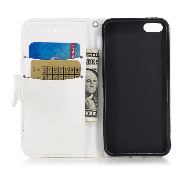 Unicorn Pattern Print Magnetic Leather Wallet Stand Cell Phone Case for 	iPhone SE / 5s / 5 - White
