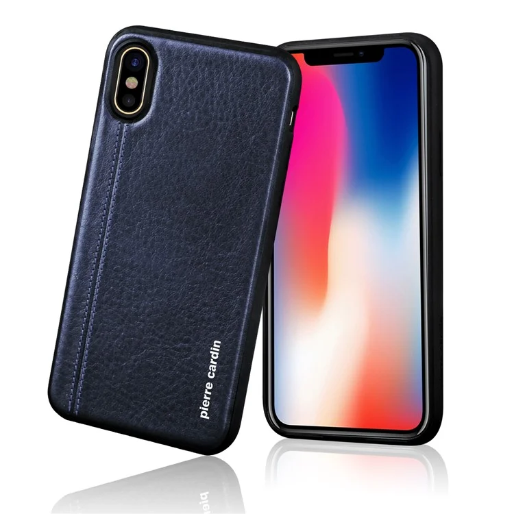 PIERRE CARDIN Stitched Genuine Leather Coated TPU Mobile Cover for iPhone XS / X - Dark Blue