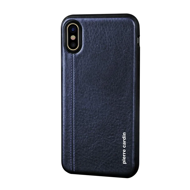 Pierre Cardin Costurou a Capa Móvel Tpu Revestida de Couro Genuíno Para Iphone XS / X - Azul Escuro