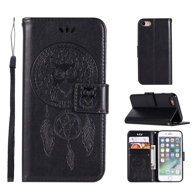 Imprint Owl Dream Catcher PU Leather Wallet Stand Shell for iPhone 8 / 7 4.7 inch - Black