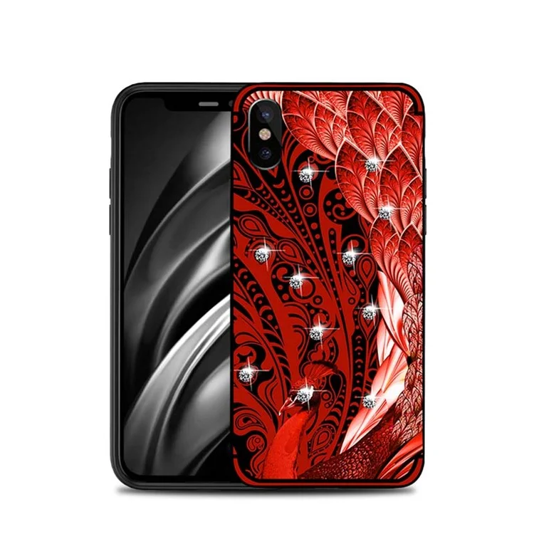 10Pcs/Set NXE Peacock Pattern TPU Protective Case Accessory with Rhinestone Decoration for iPhone X / 10 5.8 inch - Red