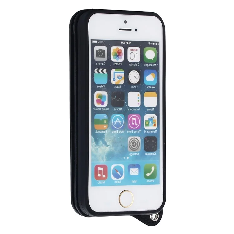 Double Buckle Design Magnetic PU Leather Cover with Mirror Card Holder for iPhone SE/5s/5 - Black