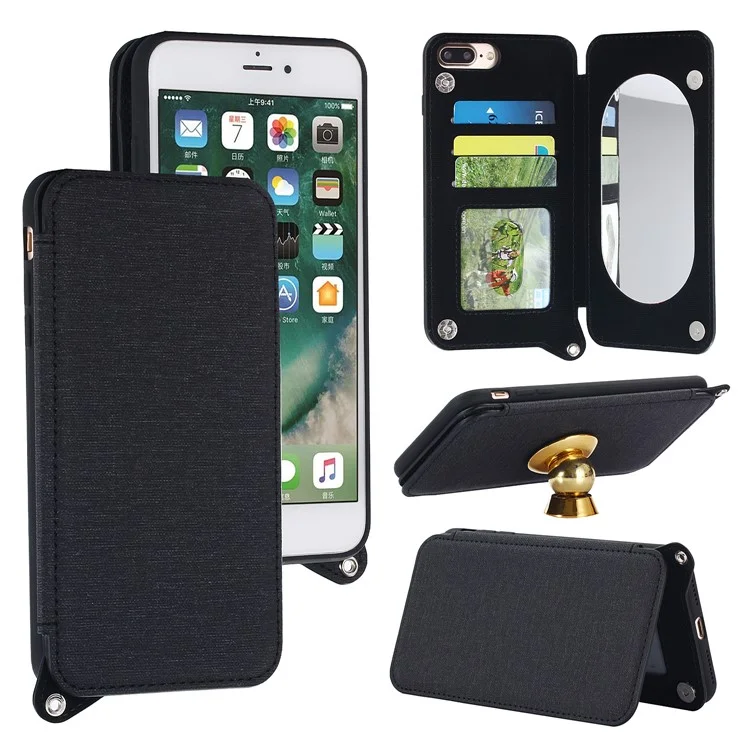Card Holder PU Leather Stand Mobile Case with Mirror for iPhone 8 Plus / 7 Plus - Black