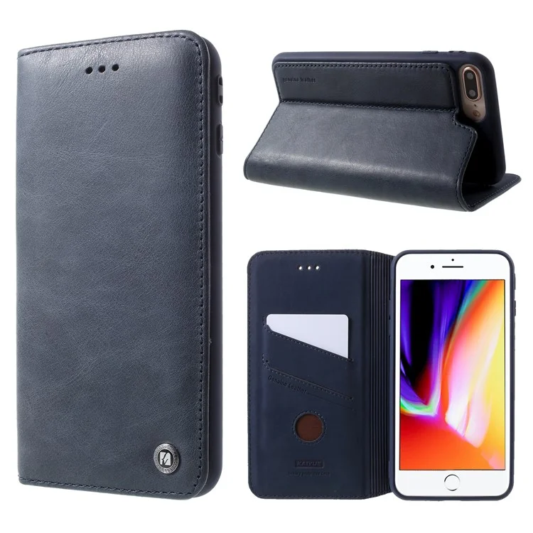KAIYUE Magnetic Absorption Crazy Horse Texture Genuine Leather Case for iPhone 8 Plus/7 Plus - Dark Blue