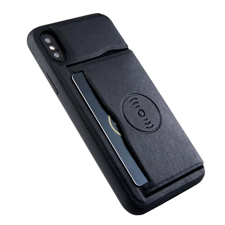Kickstand Card Holder Leather Coated TPU Case Built-in Magnetic Sheet for iPhone X - Black