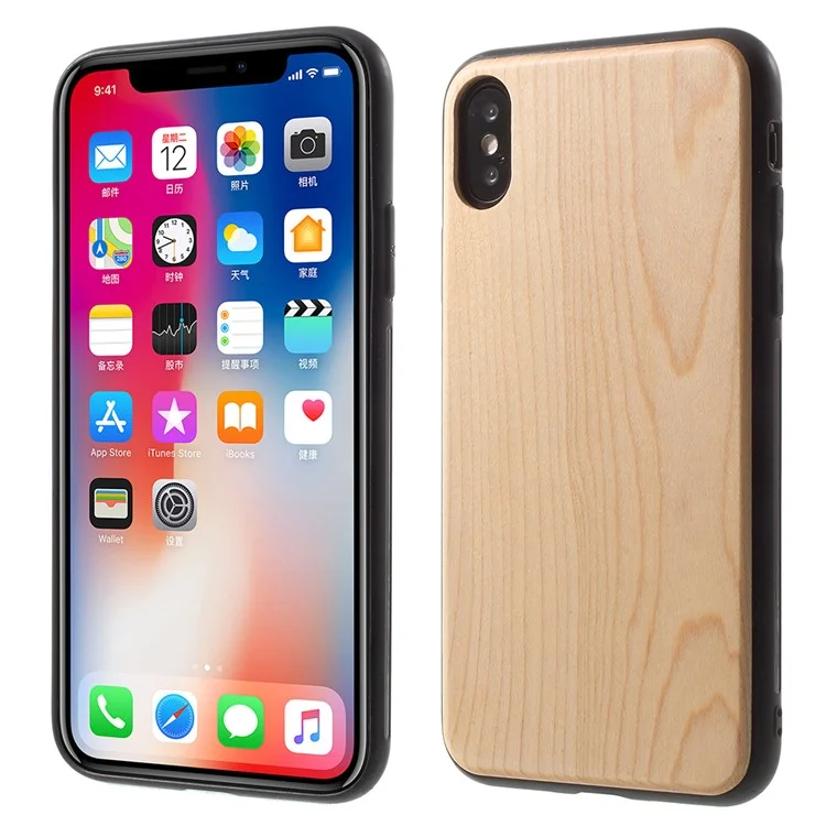 For iPhone X(Ten) Wood Coated TPU Hybrid Protective Case - Beige