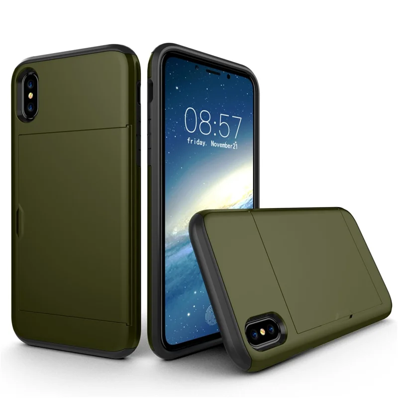 For iPhone XS/X 5.8 inch Sliding Card Holder PC + TPU Hybrid Mobile Phone Cover - Army Green