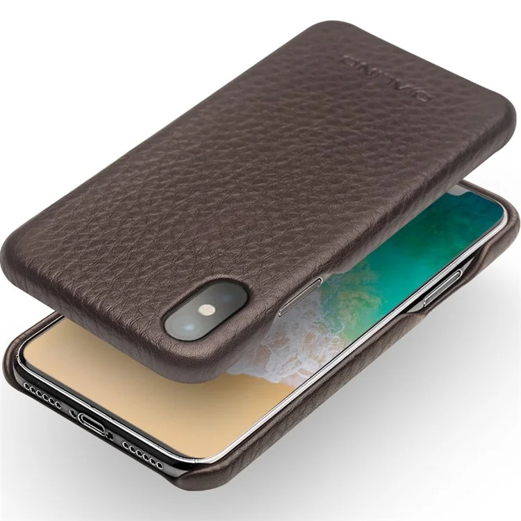 QIALINO Litchi Texture Genuine Leather Phone Back Case for iPhone X - Brown