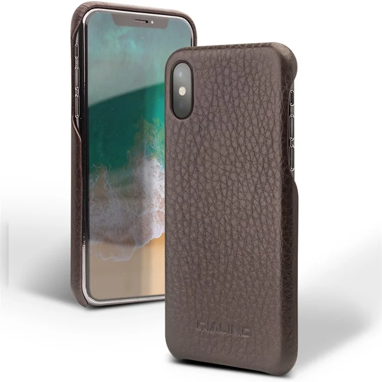 QIALINO Litchi Texture Genuine Leather Phone Back Case for iPhone X - Brown
