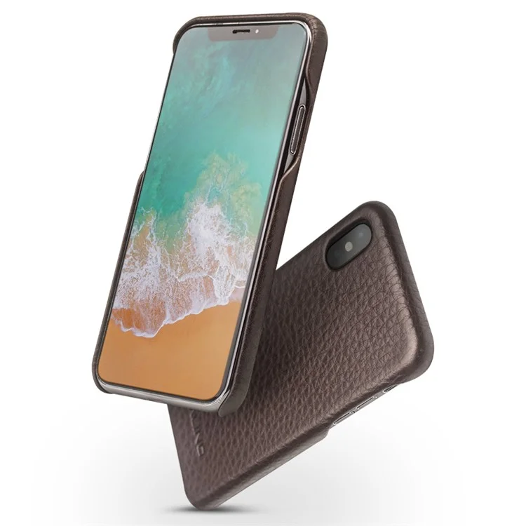 QIALINO Litchi Texture Genuine Leather Phone Back Case for iPhone X - Brown