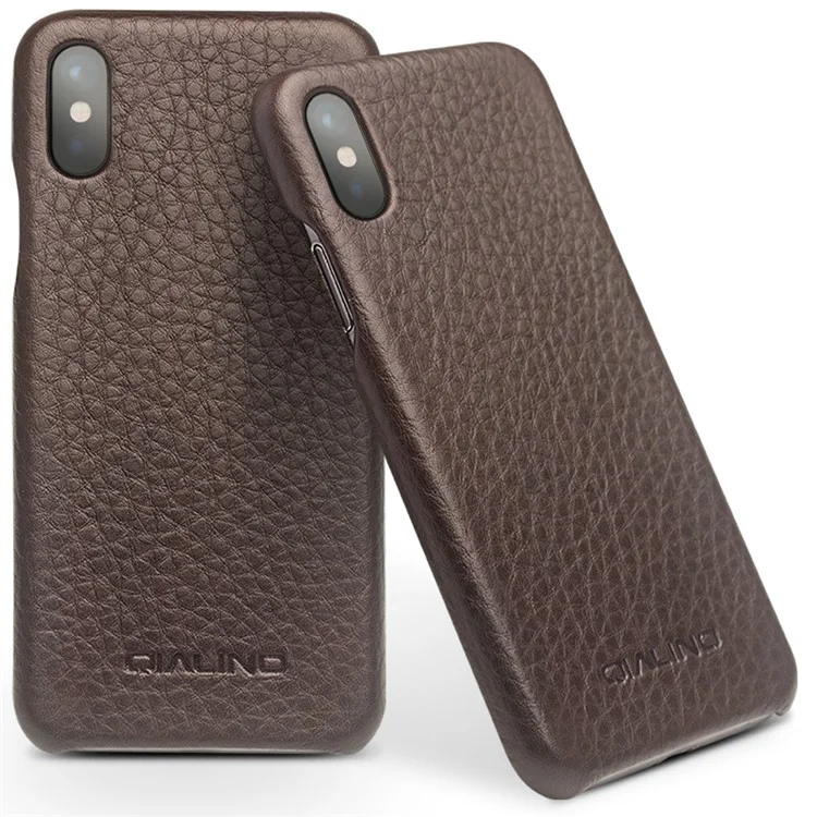 QIALINO Litchi Texture Genuine Leather Phone Back Case for iPhone X - Brown