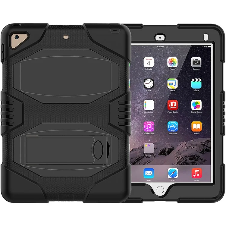 Kickstand PC Silicone Armor Defender Case for iPad 9.7 (2018) / 9.7 (2017) - All Black