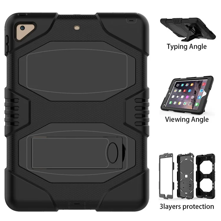 Kickstand PC Silicone Armor Defender Case for iPad 9.7 (2018) / 9.7 (2017) - All Black