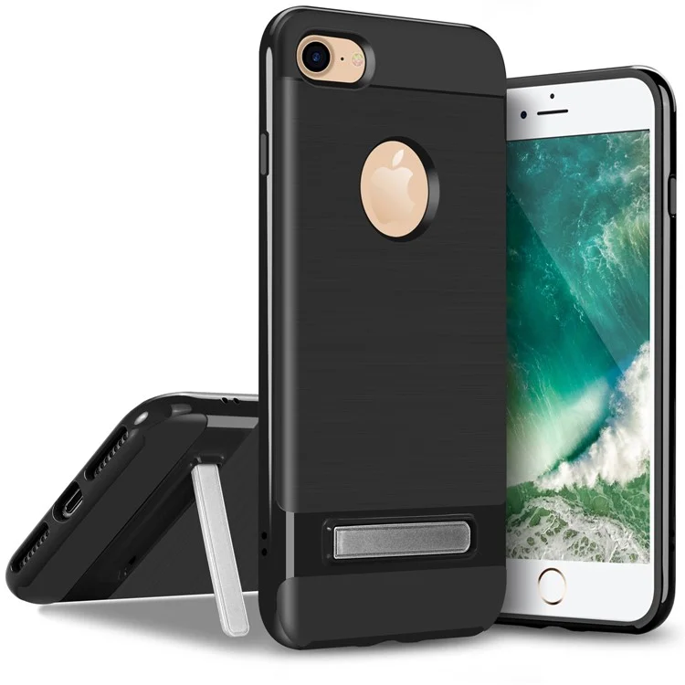 Brushed TPU + PC Hybrid Case with Kickstand for iPhone 8 4.7 inch - Black