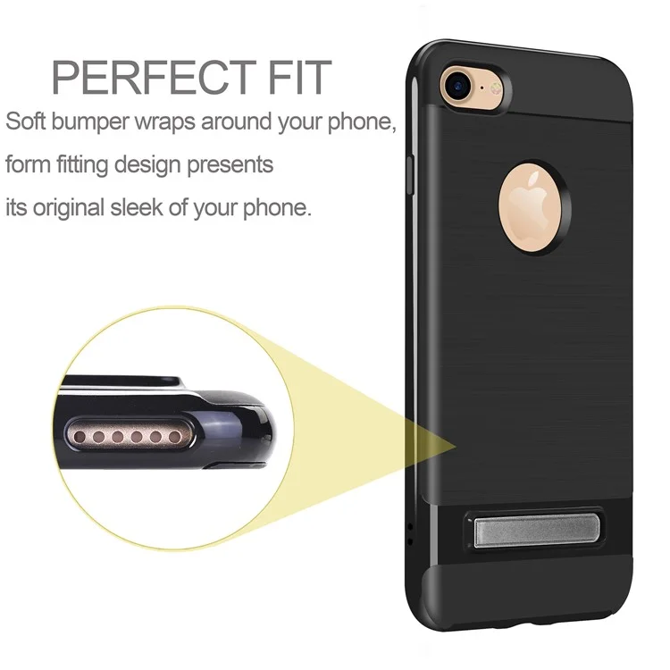 Brushed TPU + PC Hybrid Case with Kickstand for iPhone 8 4.7 inch - Black