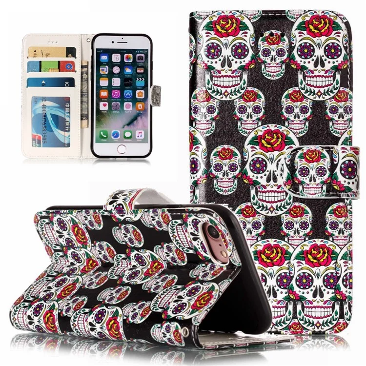 Embossed Pattern Leather Wallet Stand Case for iPhone 8 / 7 4.7 inch - Sugar Skull