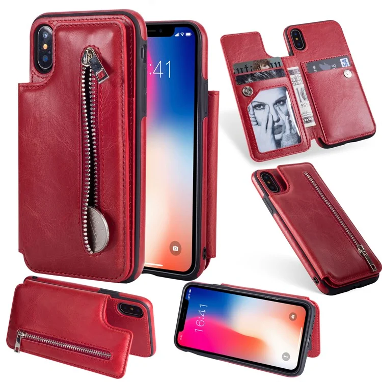 Multi-functional Zipper Wallet Kickstand Leather Coated TPU Case for iPhone X/Ten - Red