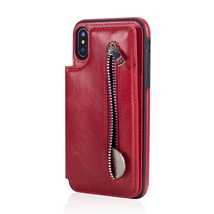 Multi-functional Zipper Wallet Kickstand Leather Coated TPU Case for iPhone X/Ten - Red