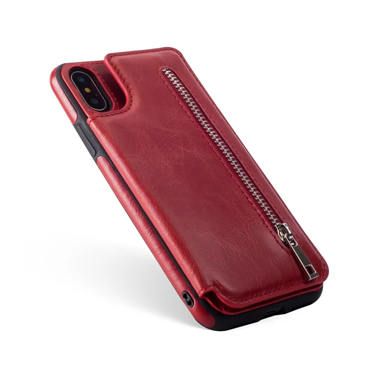 Multi-functional Zipper Wallet Kickstand Leather Coated TPU Case for iPhone X/Ten - Red