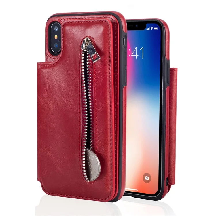Multi-functional Zipper Wallet Kickstand Leather Coated TPU Case for iPhone X/Ten - Red