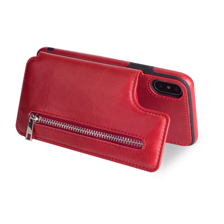 Multi-functional Zipper Wallet Kickstand Leather Coated TPU Case for iPhone X/Ten - Red