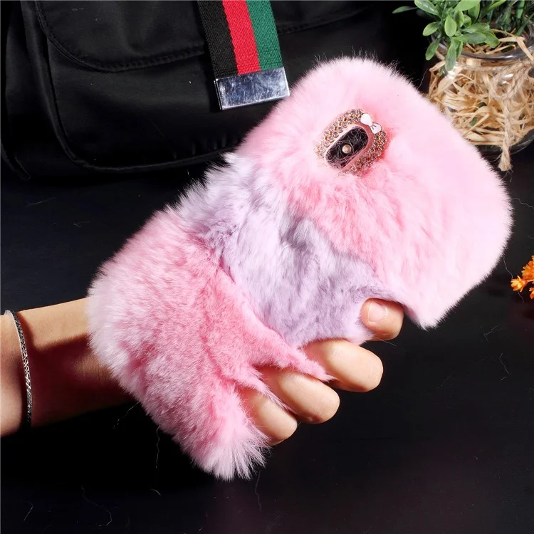 Rhinestone Decor Assorted Color Soft Fur Coated TPU Phone Back Case for iPhone X (Ten) 5.8 inch - Pink