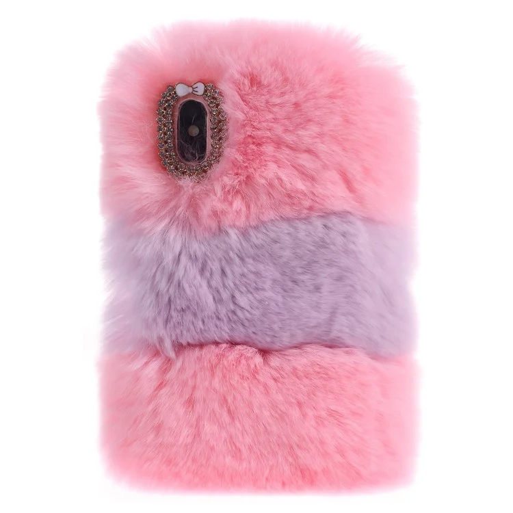 Rhinestone Decor Assorted Color Soft Fur Coated TPU Phone Back Case for iPhone X (Ten) 5.8 inch - Pink