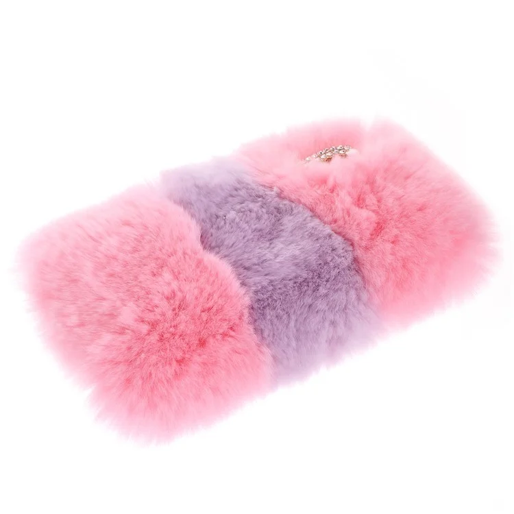 Rhinestone Decor Assorted Color Soft Fur Coated TPU Phone Back Case for iPhone X (Ten) 5.8 inch - Pink