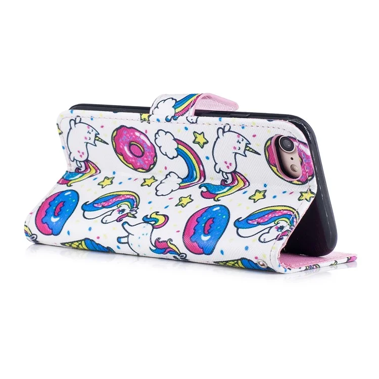 Pattern Printing Stand Wallet Leather Shell for iPhone 8 / 7 - Doughnut and Unicorn