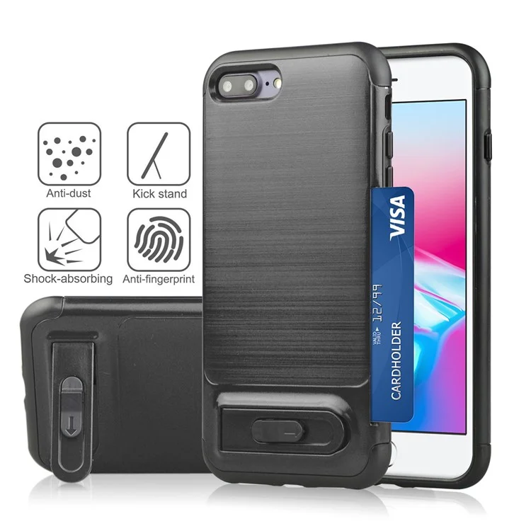 ANGIBABE Card Holder Brushed PC + TPU Hybrid Kickstand Case for iPhone 8 Plus / 7 Plus - Black