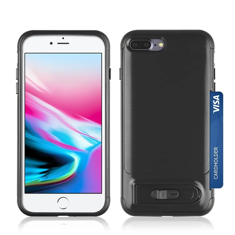 ANGIBABE Card Holder Brushed PC + TPU Hybrid Kickstand Case for iPhone 8 Plus / 7 Plus - Black