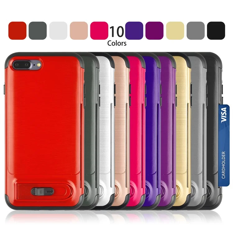 ANGIBABE Card Holder Brushed PC + TPU Hybrid Kickstand Case for iPhone 8 Plus / 7 Plus - Black