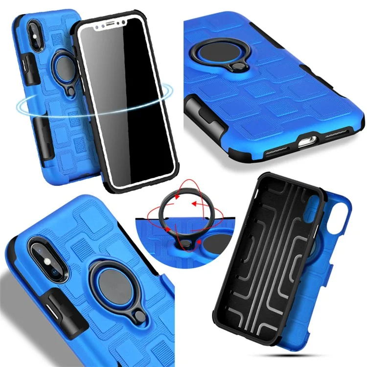 Geometric Pattern Magnetic Car Mount Ring Holder TPU PC Hybrid Case with Kickstand for iPhone X / 10 - Dark Blue