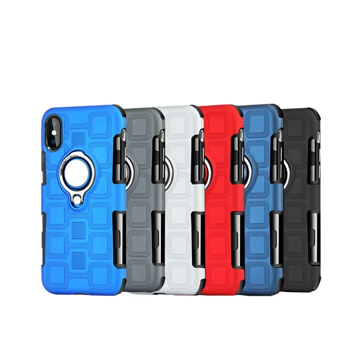 Geometric Pattern Magnetic Car Mount Ring Holder TPU PC Hybrid Case with Kickstand for iPhone X / 10 - Dark Blue