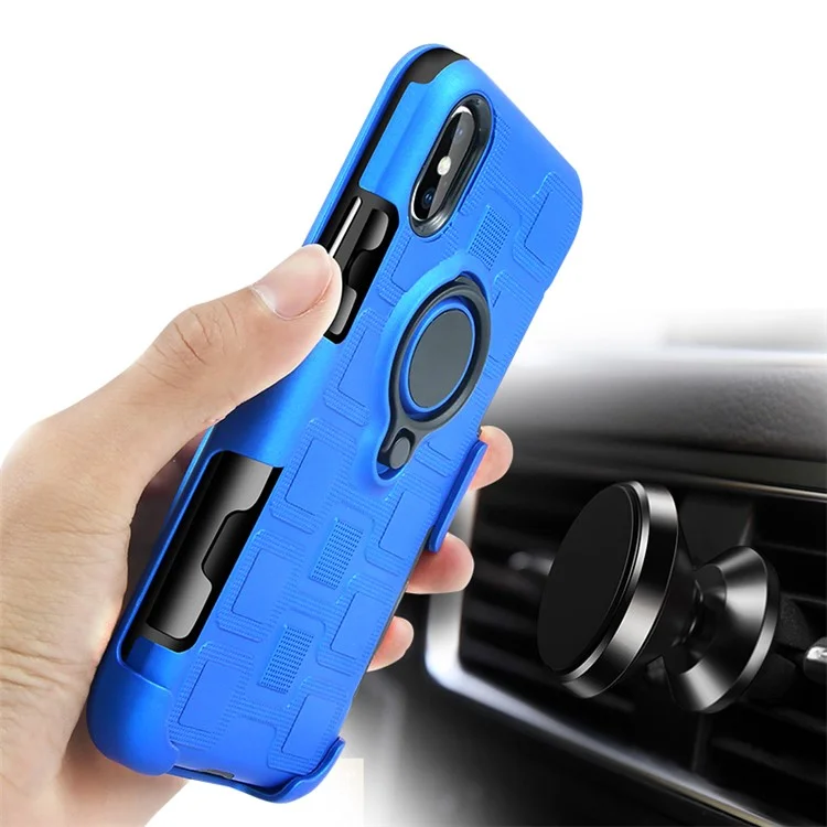 Geometric Pattern Magnetic Car Mount Ring Holder TPU PC Hybrid Case with Kickstand for iPhone X / 10 - Dark Blue